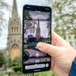 Circle to Search being used on a Google Pixel 8 Pro to look up information on a church via the Camera app viewfinder