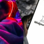 An AI gnerated image of a woman drinking tea next to the Midjourney logo on a phone