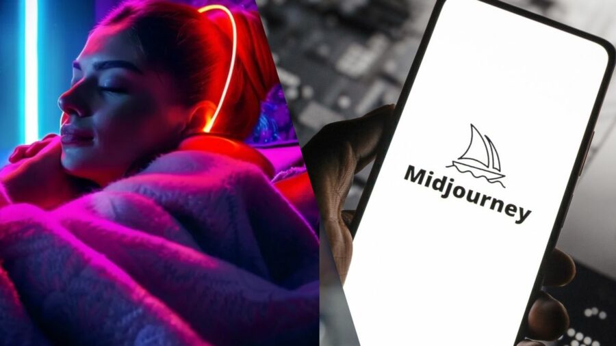 An AI gnerated image of a woman drinking tea next to the Midjourney logo on a phone