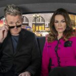 Gordon Ramsay and Lisa Vanderpump in a the back of a taxi in London filming Food Stars season 2 on Fox