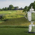 The PGA Championships Wanamaker trophy on the 18th hole at Valhalla Golf Club