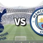 The Tottenham Hotspur and Manchester City club badges on top of a photo of Tottenham Hotspur Stadium in London, England