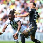 Jan Bednarek of Southampton fouls Brandon Thomas-Asante of West Bromwich Albion ahead of the Sky Bet Championship Play-Off Semi-Final Southampton vs West Brom