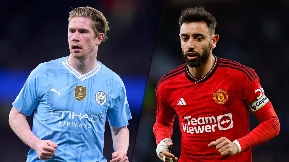 Kevin De Bruyne of Manchester City and Bruno Fernandes of Manchester United