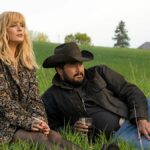 Kelly Reilly as Beth Dutton and Cole Hauser as Rip Wheeler sit in the grass on Yellowstone season 5