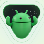 Android mascot in a triangle flexing his arms as an android 15 promo