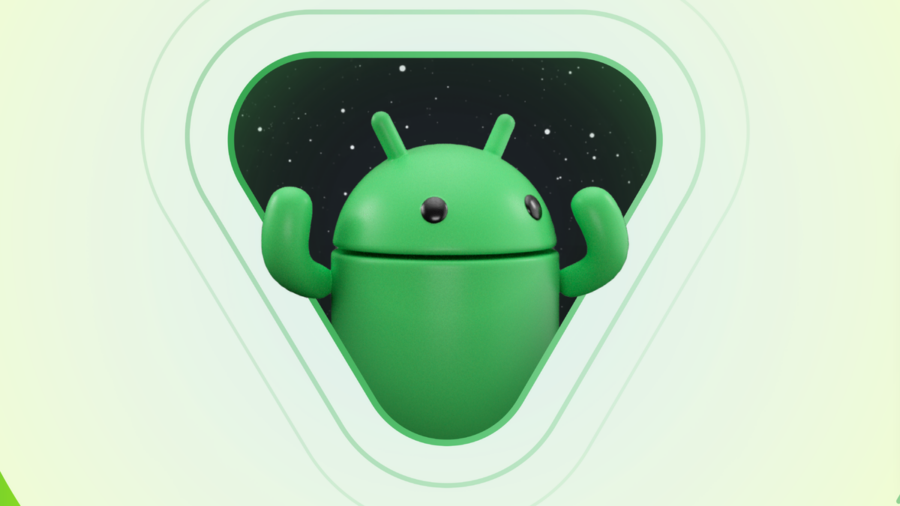 Android mascot in a triangle flexing his arms as an android 15 promo