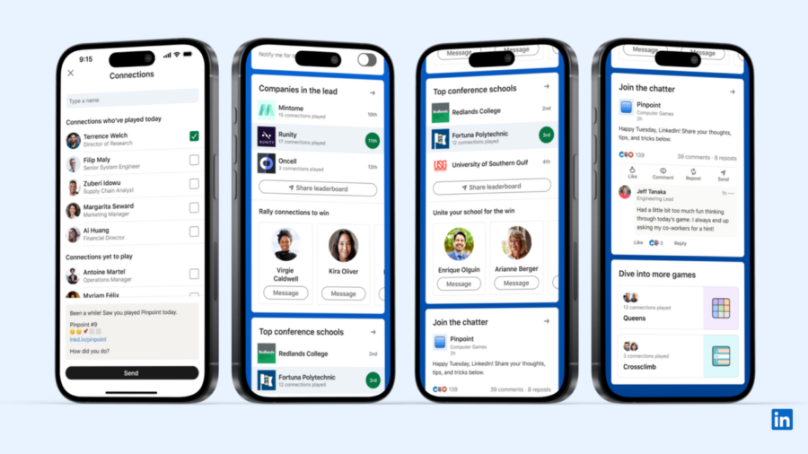 Four phones in a line showing how users connect with LinkedIn Games