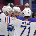 Cody Ceci #5 of the Edmonton Oilers (C) celebrates with teammates after his goal during the second period in Game Seven of the Second Round of the 2024 Stanley Cup Playoffs at Rogers Arena on May 20, 2024