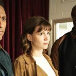 (L to R) Aasif Mandvi, Katja Herbers, and Mike Colter in Evil TV show