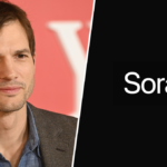 Ahston Kutcher on the left and the OpenAI Sora logo on the right against a black background