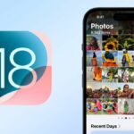 iOS 18 logo next to iOS 18 Photos app screenshot on iPhone