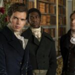 Luke Newton as Colin Bridgerton, Jorden Myrie as Lord Stanton, Joe Barnes as Lord Wilding in episode 304 of Bridgerton