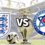 The England and Slovakia club badges on top of a photo of the Euro 2024 trophy and match ball