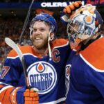 Connor McDavid and Stuart Skinner #74 of the Edmonton Oilers ahead of the Stanley Cup 2024