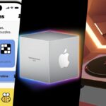 3 split image featuring NYT Games app screenshot, Apple Design Award cube, djay pro screenshot