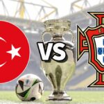 The Turkiye and Portugal club badges on top of a photo of the Euro 2024 trophy and match ball