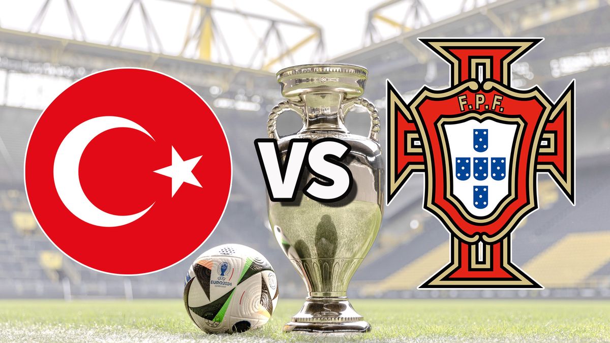 The Turkiye and Portugal club badges on top of a photo of the Euro 2024 trophy and match ball