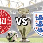 The Denmark and England club badges on top of a photo of the Euro 2024 trophy and match ball