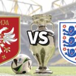 The Serbia and England club badges on top of a photo of the Euro 2024 trophy and match ball