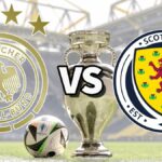 Deutschland and Scotland national football team logos either side of the Euro 2024 trophy ahead of the Germany vs Scotland live stream at the opening Euro 2024 match.