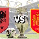 The Albania and Spain club badges on top of a photo of the Euro 2024 trophy and match ball