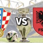 The Croatia and Albania club badges on top of a photo of the Euro 2024 trophy and match ball