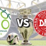 The Slovenia and Denmark club badges on top of a photo of the Euro 2024 trophy and match ball