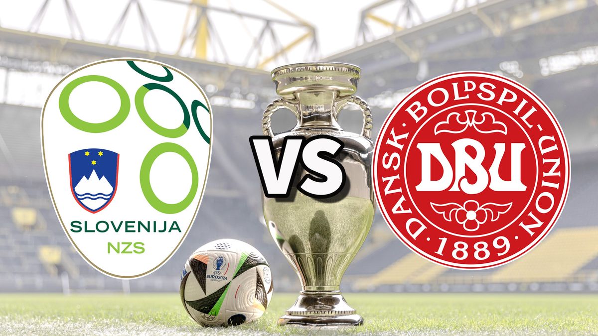 The Slovenia and Denmark club badges on top of a photo of the Euro 2024 trophy and match ball