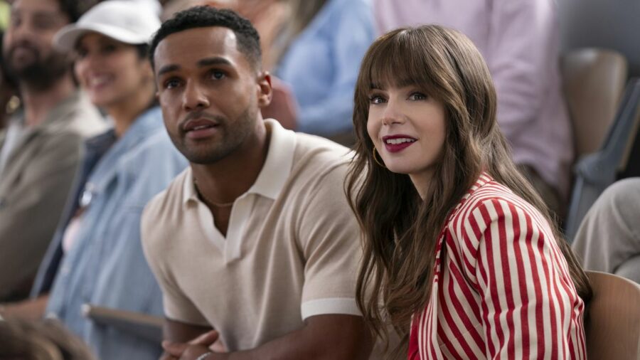 Lucien Laviscount as Alfie, Lily Collins as Emily in Emily in Paris.