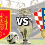 The Spain and Croatia international football team badges on top of a photo of the Euro 2024 trophy and match ball