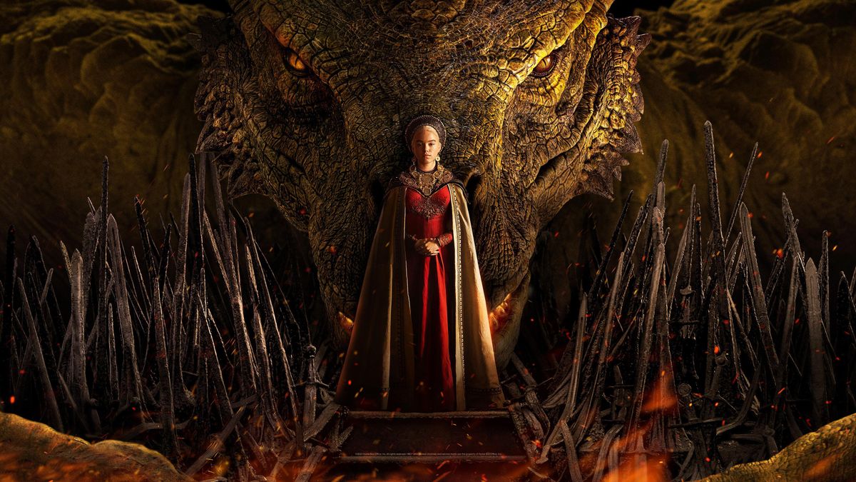 Queen Alicent (Olivia Cooke) stands in front of a huge dragon head in House of the Dragon Season 2 on Max