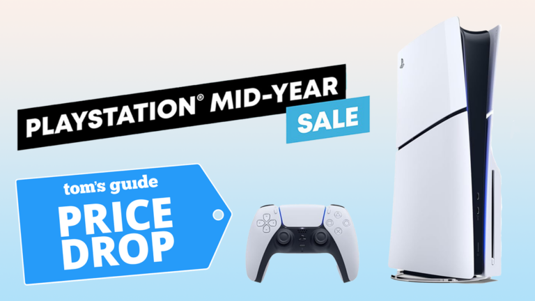 PlayStation 5 Slim with Playstation Mid-Year sale logo and Tom