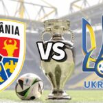 The Romania and Ukraine club badges on top of a photo of the Euro 2024 trophy and match ball