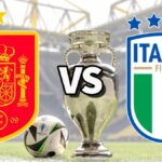 The Spain and Italy club badges on top of a photo of the Euro 2024 trophy and match ball