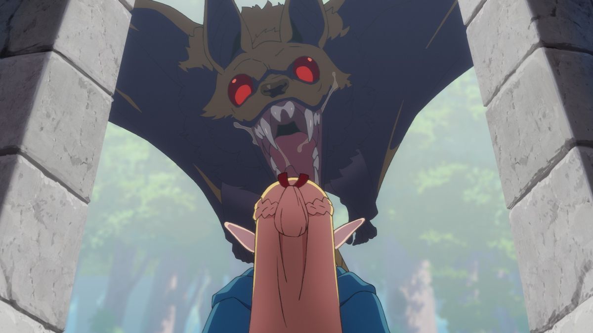 A giant bat swoops down, mouth open, at Marcille in a still from the fantasy Netflix anime,