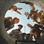 Lilith (Cate Blanchett), Tiny Tina (Arian Greenblatt), Roland (Kevin Hart), Krieg (Florian Munteanu), Tannis (Jamie Lee Curtis) and Claptrap (voiced by Jack Black) looking down a manhole in the