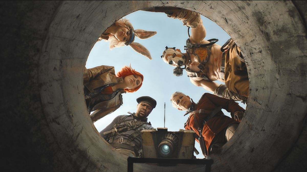 Lilith (Cate Blanchett), Tiny Tina (Arian Greenblatt), Roland (Kevin Hart), Krieg (Florian Munteanu), Tannis (Jamie Lee Curtis) and Claptrap (voiced by Jack Black) looking down a manhole in the