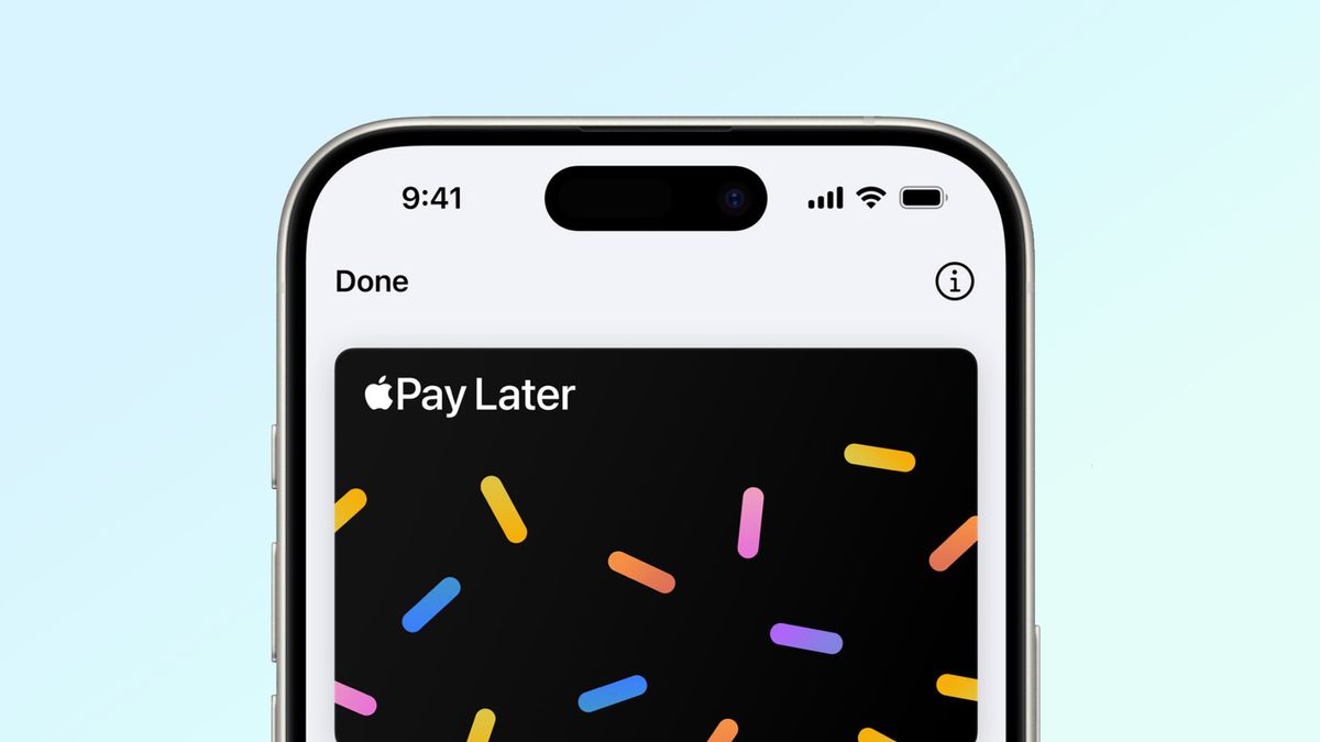 apple pay later screenshots on blue background