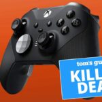 An Xbox Elite Series 2 wireless controller on a red background, with the "Tom