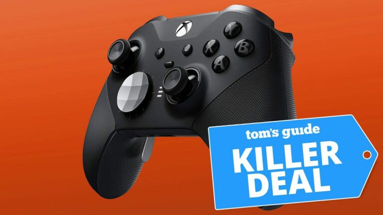 An Xbox Elite Series 2 wireless controller on a red background, with the "Tom