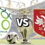 The Slovenia and Serbia club badges on top of a photo of the Euro 2024 trophy and match ball