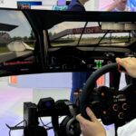 Man playing a racing game on Thermaltake GR500 Racing Sim Cockpit at Computex 2024.