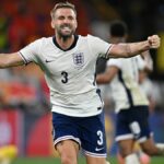 Luke Shaw celebrates an England goal at Euro 2024