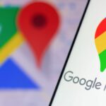 Google Maps logo on smartphone with Google Maps logo in background