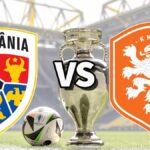 The Romania and Netherlands club badges on top of a photo of the Euro 2024 trophy and match ball