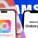 A side-by-side of two phones, one with Apple Intelligence and one with Galaxy AI