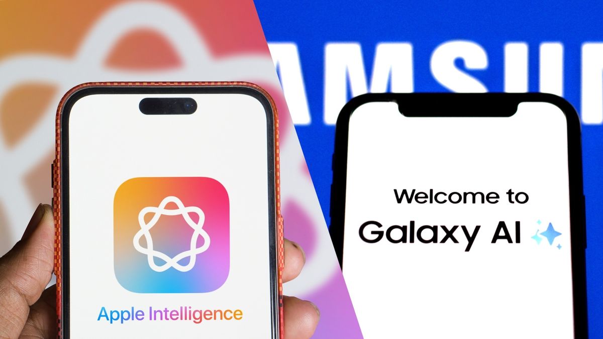 A side-by-side of two phones, one with Apple Intelligence and one with Galaxy AI