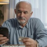 Man looking at credit card and phone screen