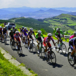 Jesus Herrada of Spain and Movistar Team leads the peloton as they head up Alto de Jaizkibel during the Clasica de San Sebastian